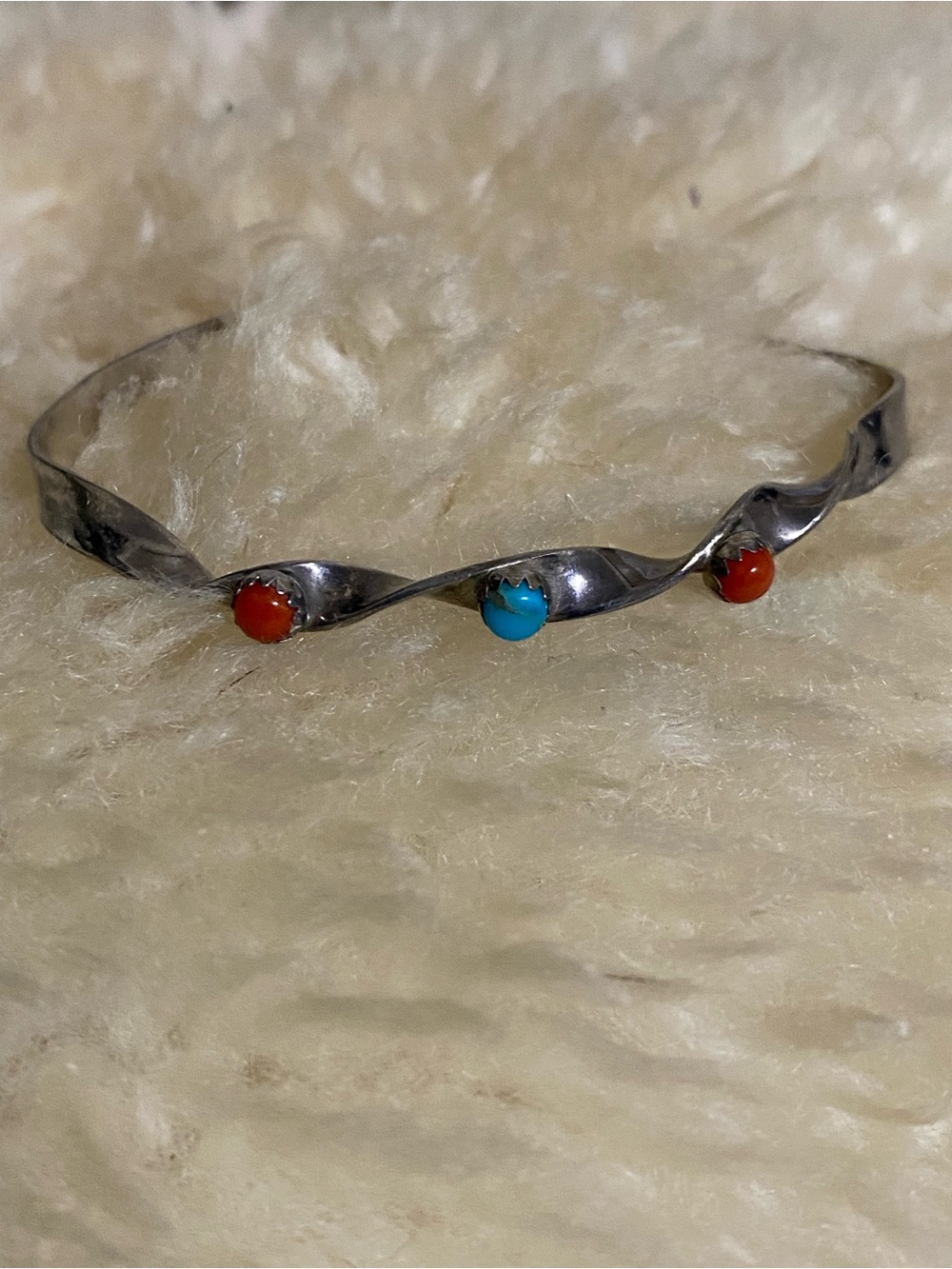 Vtg Sterling Native American Turquoise Coral Ladies Cuff by Artist Ty T
